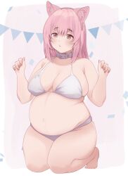 barefoot big_breasts bikini blush cat_ears catgirl chubby chubby_female cleavage collar female female_only full_body kemonomimi kneeling medium_hair original original_character pink_eyes pink_hair pregbelly pregnant solo thick_thighs white_bikini