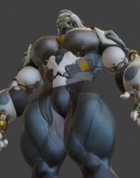 3d 3d_(artwork) 3d_render augghles banyue_(zenless_zone_zero) big_breasts big_thighs big_titties black_body black_nipples glowing_eyes machine male_only no_penis posing robot_humanoid simple_background solo solo_focus solo_male yellow_eyes