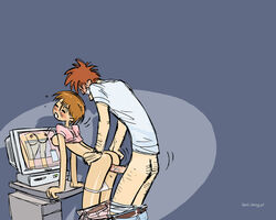 1boy 1girls au_(artist) boli-blog computer female from_behind from_behind_position male office office_lady office_sex pants_down public sex shirt_lift standing_sex tiptoes