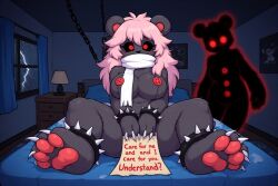 ai_generated bear bedroom evil_spirit ghost jaylus_ai_testing living_doll pink_hair plush plush_doll plushie possessed possessed_doll possession red_eyes scarf spiked_bracelet spirit teddybear
