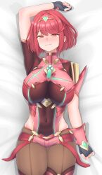 absurdres arm_up armor armpits bed_sheet black_gloves blush breasts brown_pantyhose closed_mouth clothing_cutout commentary_request core_crystal_(xenoblade) covered_armpit covered_collarbone covered_navel eyelashes female female_only fingerless_gloves gloves highres huge_breasts impossible_clothes looking_at_viewer lying medium_hair meipasuye micro_shorts on_back pantyhose pantyhose_under_shorts pyra pyra_(xenoblade) red_eyes red_hair red_shorts red_thighhighs shorts shoulder_armor side_cutout skindentation smile solo swept_bangs thick_thighs thighhighs thighs tiara xenoblade_chronicles_(series) xenoblade_chronicles_2
