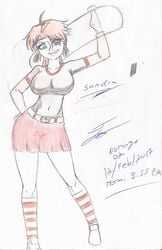 big_breasts cowlick freckles green_eyes hair_ribbon inkajesanra kneehighs miniskirt my_life_me orange_hair ponytail red_skirt sandra_le_blanc skateboard sketch smiling white_background