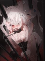 2girls absurdres animal_ear_fluff animal_ears ball_and_chain_restraint blush bondage bound bound_arms bound_wrists breasts bukkake censored_with_cum chained chains clothed_female_nude_female collar collared_dress commentary_request cum cum_in_mouth cum_on_body cum_on_breasts cum_on_hair cum_on_legs cum_on_stomach cum_string cumdrip doggy_style dress eyes_visible_through_hair facial grabbing_another's_breast grabbing_from_behind gradient_hair groping hair_ornament hair_over_one_eye hairclip half-closed_eyes hand_on_another's_face highres iron_bars leash long_hair motion_lines multicolored_hair multiple_girls nipples nude one_eye_covered open_mouth original parallel_hairclips partial_commentary prison red_eyes restrained sex sex_from_behind shinkaiobake sleeveless sleeveless_dress small_breasts standing standing_sex twintails white_dress white_hair