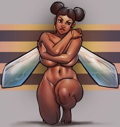 1girls bee_girl big_breasts breasts brown_hair bumblebee_(dc) busty covered_nipples covered_pussy covering covering_breasts covering_crotch covering_nipples covering_pussy covering_self dark-skinned_female dark_skin dc dc_comics double_bun earrings fairy female female_only grey_background hair_buns hairbuns highres hoop_earrings huge_breasts insect_wings karen_beecher kneeling large_breasts lips looking_away looking_to_the_side nails naked navel nude ph png red_eyes sexually_suggestive shiny_skin solo solo_female superheroine teen_titans voluptuous wings