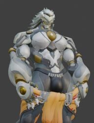 1boy 3d 3d_(artwork) 3d_render alternate_version_at_source alternate_version_available augghles banyue_(zenless_zone_zero) big_breasts big_titties bulge english english_text grey_body grey_hair jockstrap looking_at_viewer machine male_only muscular muscular_arms muscular_legs muscular_male robot robot_humanoid solo solo_focus solo_male two-tone_body undressing white_body zenless_zone_zero