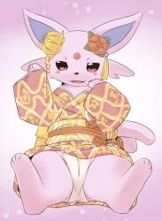 2022 4_fingers 4_toes accessory asian_clothing black_nose blue_inner_ear blush blush_lines camel_toe clothed clothed_feral clothing digital_drawing_(artwork) digital_media_(artwork) east_asian_clothing eeveelution espeon feet female female_feral feral fingers flower_accessory forehead_gem forked_tail fur gem generation_2_pokemon glistening glistening_eyes hair_accessory hi_res holowear_(pokemon) japanese_clothing kimono looking_at_viewer multicolored_clothing multicolored_kimono nintendo open_mouth panties pattern_clothing pattern_kimono paws pointy_ears pokebuki_style_espeon pokemon pokemon_(species) pokemon_unite prick_ears pu_sukebe purple_body purple_fur purple_tail quadruped red_clothing red_eyes red_kimono simple_background solo spread_legs spreading tail toes underwear unusual_anatomy unusual_tail white_clothing white_kimono white_panties white_underwear yellow_clothing yellow_kimono