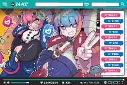 bandages bike_shorts black_shorts blue_nails bone_necklace censored commentary_request es_(eisis) hair_ornament highres lil-la_(yu-gi-oh!) live_twin_lil-la live_twin_lil-la_sweet live_twin_lil-la_treat livestream long_hair pink_hair pussy reverse_suspended_congress shorts tail teeth tentacle upper_teeth_only v yu-gi-oh!