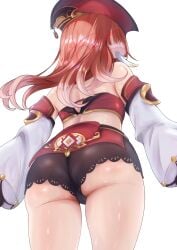 1girls artist_signature ass ass_focus big_ass bottomwear clothing detached_sleeves female female_only genshin_impact hair hat headwear legs long_hair low-angle_view lower_body lower_body_focus pink_hair short_shorts shorts solo solo_female takenoko_pengin thighs topwear white_background yanfei_(genshin_impact)