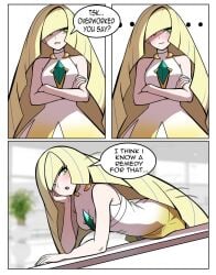 :o bent_over blonde_hair blurry blurry_background blush border breasts closed_mouth comic commentary crossed_arms diamond_(shape) dress english_commentary english_text female game_freak gem green_eyes green_gem hair_over_one_eye head_rest indoors long_hair lusamine_(pokemon) medium_breasts motion_lines muis0802 nintendo open_mouth pokemon pokemon_sm sideways_glance sleeveless sleeveless_dress speech_bubble white_border white_dress