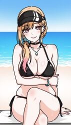 ai_generated beach bead_bracelet beads bikini black_bikini black_choker blonde_hair blue_sky blush bracelet breasts choker cleavage closed_mouth collarbone crossed_legs day ear_piercing earrings female gradient_hair gyaru hair_over_shoulder halterneck horizon jewelry kitag_marin large_breasts long_hair looking_at_viewer marin_kitag multicolored_hair nail_polish necklace ocean outdoors piercing pink_hair pink_nails red_eyes scrunchie side-tie_bikini_bottom sitting sky smile solo sono_bisque_doll_wa_koi_wo_suru string_bikini swimsuit visor_cap water