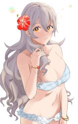 1girls absurdres alternate_costume bikini blue_nails blush breasts closed_mouth collarbone commentary_request corrin_(female)_(fire_emblem) corrin_(fire_emblem) corrin_(fire_emblem)_(female) female female_only fingernails fire_emblem fire_emblem_fates flower grey_hair hair_between_eyes hair_flower hair_ornament hibiscus highres large_breasts long_hair looking_at_viewer nail_polish navel nintendo orange_eyes pointy_ears red_flower simple_background solo sou_mei stomach swimsuit very_long_hair wavy_hair white_background white_bikini white_swimsuit