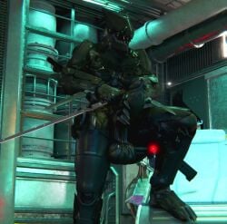 3d_(artwork) anthro anthrofied balls blade_wolf detailed_background digital_media_(artwork) erection genitals humanoid_genitalia humanoid_penis katana konami machine male melee_weapon metal_gear metal_gear_rising:_revengeance muscular muscular_male outofnecessity penis platinumgames robot robot_anthro saggy_balls solo step_pose sword tongue tongue_out weapon