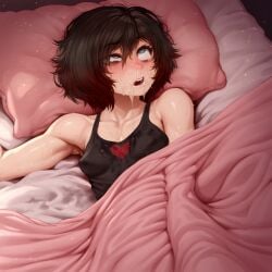 1girls ai_generated bedroom black_hair blush eyes_rolling_back female female_only light-skinned_female light_skin masturbating masturbation nipple_bulge pillow ruby_rose rwby under_covers