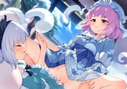 2girls blue_eyes blue_hat censored closed_eyes commentary_request cowgirl_position erection futa_with_female futanari green_skirt green_vest hat holding_hands indoors konpaku_youmu konpaku_youmu_(ghost) mob_cap mosaic_censoring multiple_girls open_mouth penis pink_hair red_eyes saigyouji_yuyuko sex short_hair skirt smile touhou tsuki_tokage variant_set vest white_hair will-o'-the-wisp_(mythology)