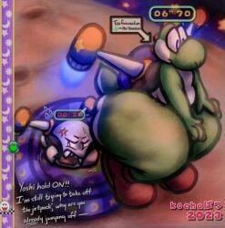 2023 2boys ass big_ass boo_(mario) boots duo facesitting gay green_skin green_yoshi imminent_facesitting jetpack kochapatsu male male_focus male_only mario_(series) mario_party mario_party_6 nintendo shoes sitting_on_face space yoshi