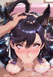 1boy ai_generated atago_(azur_lane) azur_lane bedroom black_hair blush bunny_ears bunny_suit cum_in_mouth cum_in_nose deepthroat fellatio female fox_ears hairclip hand_on_another's_head heart heart-shaped_pupils irrumatio large_breasts lewdrune long_hair looking_at_viewer nipples oral pov purple_eyes runny_makeup saliva small_penis solo_focus straight symbol-shaped_pupils tail tan tanlines voluptuous