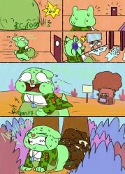 2020 absurd_res anthro army_uniform ass bathroom belly big_belly bodily_fluids camo clothing comic disposal dog_tags door feces flippy_(htf) fur green_body green_fur groaning_belly happy_tree_friends hi_res hyper_feces hyper_scat male male_anthro marquee nikko-kai-cutie outside plant poop_desperation pooping_outside rumbling_stomach scat scat_disposal scut_tail sharp_teeth shirt short_ears short_tail shrub sign sink sweat tail teeth thick_thighs topwear tree tree_hollow vore window