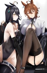 2girls absurdres agnes_tachyon_(umamusume) animal_ears bare_shoulders black_bra black_garter_straps black_gloves black_hair black_jacket black_leotard black_necktie black_thighhighs bra breasts brown_hair cleavage closed_mouth elbow_gloves female female_only garter_straps gloves hair_between_eyes highres holding holding_leash horse_ears horse_girl jacket jitome_no_tsugumi large_breasts leash leotard long_hair looking_at_viewer manhattan_cafe_(umamusume) multiple_girls necktie open_clothes open_shirt panties panties_under_pantyhose pantyhose parted_lips red_eyes shirt short_hair smile strapless strapless_leotard thigh_strap thighhighs umamusume underwear white_shirt yellow_eyes yuri