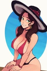 1girls bikini breasts brown_hair choker dorothea_arnault dorothea_arnault_(summer) earrings female fire_emblem fire_emblem:_three_houses green_eyes hands_on_thighs hat highres large_breasts long_hair looking_at_viewer nintendo raichiyo33 simple_background sitting smile smiling_at_viewer solo thick_thighs thighs