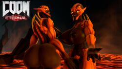 2girls 3d alien anthro ass big_ass big_breasts breasts dark_nipples dark_skin demon demon_girl demon_horns doom doom_eternal female hand_on_breast hand_on_thigh hell huge_ass huge_breasts imp looking_at_viewer perky_breasts seductive seductive_smile source_filmmaker text theduudeman thick_thighs watermark wide_hips yuri