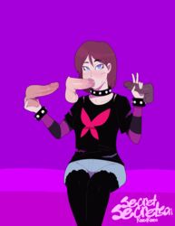 birch_small black_leggings blue_eyes blush brown_hair denim_shorts fondling_balls handjob heart_in_eyes long_sleeves my_life_me oral purple_background purple_nail_polish secretsecretson short_hair small_breasts spiked_bracelet spiked_collar sweat unseen_male_face