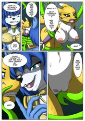 absurd_res anthro areola black_text blue_body blue_fur blue_hair breasts canid canine clothed clothing comic crimellgrim digimon digimon_(species) english_text female fox fur genitals green_tentacles hair hi_res joykill krystal mammal nintendo nipples open_mouth pussy renamon star_fox teeth tentacle text tongue video_games white_body white_fur yellow_body yellow_fur