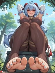 (genshin ahoge ai_generated armpits arms at bangs barefoot behind bell below blue blush body bodystocking breasts brown cameltoe covered cowbell cute day detached eyes feet female focus foreshortening from full ganyu goat hair head heart horns huge_ass huge_breasts impact) juswa large large_ass large_breasts legwear leotard long looking nail nails nipples no outdoors pantyhose polish purple shoes sitting sky sleeves smile soles soles_fetish solo thicc thick_thighs thighs toeless toenail toenails toes tree up viewer