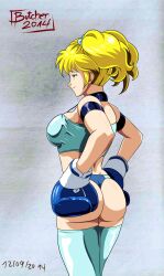 1girls artist_name ass big_ass big_breasts blonde_hair blue_eyes boxing_gloves breasts busty butcherstudios dated eiko_(butcherstudios) fat_ass female female_only from_behind half-closed_eyes hands_on_hips highres large_breasts medium_hair midriff original pose posing seductive seductive_look seductive_smile sensual sexy sexy_pose sideboob smile tank_top thong twintails voluptuous