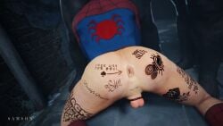 1boy 3d anus artist_name ass ass_focus asshole asshole_focus balls blender bottomless bottomless_male cage caged caged_cock dark-skinned_male dark_skin gay humiliation interracial male male_focus male_only marvel marvel_comics peter_parker rear_view samsonsharem self_upload spider-man spider-man_(series) superhero tattoo tattoos testicles yaoi