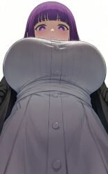 adolescent artist_request big_breasts breast_focus eyebrows_visible_through_hair eyelashes_visible_through_hair fern_(sousou_no_frieren) gigantic_breasts high_quality high_resolution highres huge_breasts large_hair looking_at_viewer looking_down_at_viewer low-angle_view makeup purple_eyes purple_hair shiny_hair sousou_no_frieren teenage_girl waifu2x white_skin