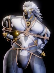 1boy 3d 3d_(artwork) 3d_render augghles banyue_(zenless_zone_zero) big_titties bondage bulge grey_body grey_hair looking_at_viewer looking_back machine male_only presenting presenting_anus robot robot_humanoid solo solo_focus solo_male two-tone_body white_body zenless_zone_zero