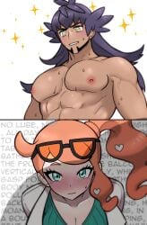 1boy 1girls 2d 2koma abs absurdres big_breasts blush boob_shadow_(meme) breasts cleavage closed_mouth clothed_female_nude_male coat comic commentary copypasta digital_media eyelashes eyewear_on_head facial_hair female game_freak green_eyes green_shirt heart heart-shaped_pupils highres large_breasts large_pectorals leon_(pokemon) long_hair male_and_female_focus meme muis0802 nintendo nipples nose_blush nude open_clothes open_coat orange_hair pectorals pokemon pokemon_ss pokemon_swsh shirt side_ponytail sonia_(pokemon) sparkle straight sunglasses sweat symbol-shaped_pupils teeth topless_male wavy_mouth white_coat yellow_eyes