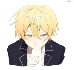 2boys :>= blonde_hair collared_shirt cropped_torso fellatio gradient_hair highres kamiyama_high_school_uniform_(project_sekai) light_blush looking_at_viewer meme multicolored_hair multiple_boys negative_space negative_space_cunnilingus_(meme) oral orange_eyes orange_hair pov project_sekai purple_pupils school_uniform shirt short_hair solo sweat tenma_tsukasa twitter_username upper_body v-shaped_eyebrows white_background white_shirt yaoi ziuk39