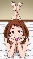 1girls ai_generated barefoot bed bed_sheet blush_stickers boku_no_hero_academia breasts brown_eyes brown_hair cleavage completely_nude condom condom_in_mouth condom_wrapper crossed_ankles feet feet_up female female_only grin head_rest indoors legs_up looking_at_viewer lying medium_breasts mouth_hold my_hero_academia nude ochako_uraraka on_bed on_stomach short_hair sidelocks smile soles solo teeth the_pose toes uraraka_ochako