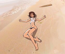 au_(artist) beach boli-blog female pants_down see-through_clothing shipwreck torn_clothes unconscious