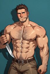 1boy bara gay hairy knife male male_only muscular solo yaoi ai_generated