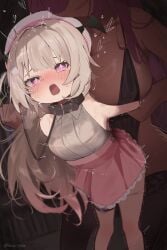 +_+ 2girls absurdres age_difference arm_held_back bat_wings bent_over beret black_collar black_thighhighs black_wings blonde_hair blush bound breasts clothed_sex collar collared_dress commentary_request crescent_moon dark-skinned_female dark_skin dress frilled_dress frills grabbing_another's_arm hair_ornament halter_dress halterneck hat head_wings height_difference highres holding holding_leash lace-trimmed_thighhighs lace_trim large_breasts leash lingerie long_hair moon motion_lines multiple_girls open_mouth original panties panty_pull partial_commentary pink_dress pink_eyes ponytail restrained sex sex_from_behind shinkaiobake shiny_skin short_ponytail side_ponytail solo_focus standing standing_sex sweat symbol-shaped_pupils tall_female thigh_strap thighhighs underwear wings