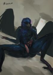 animal_genitalia animal_humanoid avian avian_feet avian_humanoid bed_covers bed_sheet bedding bedroom bedroom_eyes bird colored digital_drawing_(artwork) digital_media_(artwork) digital_painting_(artwork) feathered_wings feathers genital_slit genitals grabbing_sheets hi_res humanoid intersex looking_at_viewer looking_down magic magic_user narrowed_eyes oscine painting_(artwork) passerine penis seductive sensual shaded solo starling_(bird) stars_in_hair tapering_penis wings