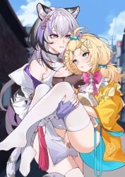 2girls :o animal_ears bangs_pinned_back black_hair blonde_hair blue_eyes blue_sky blurry blurry_background bow bowtie breasts building candy_hair_ornament carrying cleavage clothing_cutout cloud cowboy_shot cum day dress ejaculating_while_penetrated ejaculation food-themed_hair_ornament futa_with_female futanari gloves grin hair_ornament hairclip hihi_(virtuareal) jacket long_hair long_sleeves low_twintails multicolored_hair multiple_girls nijisanji no_shoes pelvic_curtain pink_bow pink_bowtie pink_nails princess_carry purple_eyes purple_gloves purple_hair rolling_eyes sex short_dress sky smile stealth_sex streaked_hair tail thighhighs tiger_ears tiger_girl tiger_tail transparent_bag trapeze_dress twintails virtual_youtuber virtuareal weidimala_zui_pang_beijixiong white_dress white_hair white_jacket white_thighhighs yellow_dress yukisyo_(virtuareal)