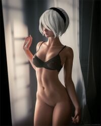1girls 2026 3d areolae areolae_visible_through_clothing beauty_mark beauty_mark_under_mouth blue_eyes bob_cut bottomless bottomless_female bra bra_only breasts cleavage detailed_background female female_only hairless_pussy headband indoors legs_together medium_breasts neonfox3d nier:_automata nier_(series) nipples nipples_visible_through_clothing partially_visible_vulva pussy see-through see-through_bra solo standing yorha_2b