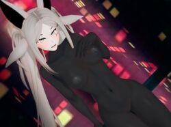 animal_ears black_nails black_nipples city_background dya_rikku_(vtuber) first_person_view indie_virtual_youtuber latex_skinsuit naked silver_eyes silver_hair virtual_youtuber vtuber vyugen x_scar