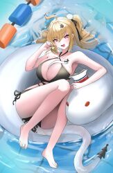 feet toes cissia_(zenless_zone_zero) zenless_zone_zero alternate_hairstyle huge_breasts curvy fang sweatdrop embarrassed innertube lying_on_back water