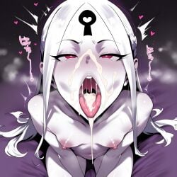 1girl abigail_williams_(fate/grand_order) after_fellatio after_oral ai_generated colored_skin completely_nude cum cum_dripping_from_mouth cum_in_mouth cum_on_face fate/grand_order fate_(series) keyhole nipples nude nude_female open_mouth red_eyes sitting small_breasts tongue_out white_hair