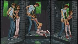 1boy 1girls against_wall au_(artist) blowjob boli-blog brown_hair fellatio female from_behind from_behind_position male oral outdoors panties_down pants_down public rain raining sex standing_sex straight tiptoes wet_clothes