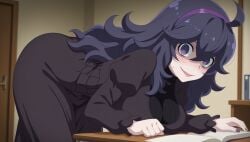 1girls @_@ ahoge ai_generated alternate_breast_size bent_over black_dress blush book breasts dress female hair_between_eyes hairband hex_maniac hex_maniac_(pokemon) indoors large_breasts long_dress long_hair long_sleeves looking_at_viewer messy_hair nail_polish nintendo npc_trainer occult_maniac occult_maniac_(pokemon) pokemon pokemon_xy purple_eyes purple_hair purple_hairband purple_nails smile solo