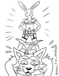 all_fours anthro anthro_on_anthro armwear beastars beckabunss black_and_white bra canid canine canis clothing dildo domestic_rabbit domination duo elbow_gloves female female_domination femdom front_view garter_straps gloves hands_on_hips handwear haru_(beastars) hi_res imminent_anal imminent_pegging imminent_sex interspecies lagomorph legoshi_(beastars) leporid male mammal monochrome oryctolagus pegging predator/prey rabbit rough_sketch sex_toy sketch standing straight strap-on submissive submissive_male tailwag underwear wolf