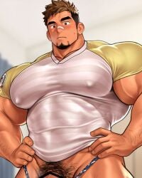 1boy arm_hair bandaid bandaid_on_face bandaid_on_nose bar_censor bara biceps black_eyes blurry blurry_background blush bright_pupils broad_shoulders brown_hair censored commentary_request covered_abs covered_nipples covered_pectorals cowboy_shot facial_hair goatee groin huge_pectorals kuromine_hiraya looking_down male_focus muscular muscular_male original pectorals penis penis_peek pubic_hair shirt solo striped_clothes striped_shirt sweatdrop thick_arms thick_eyebrows thick_thighs thighs tight_clothes tight_shirt two-tone_shirt veins veiny_arms white_pupils white_shirt wide-eyed yellow_shirt