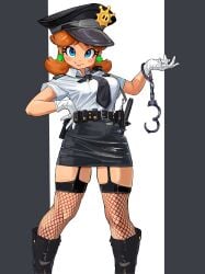 absurdres baton_(weapon) belt black_belt black_boots black_hair black_necktie black_skirt blue_eyes blush boots border breasts brown_hair collared_shirt earrings feet_out_of_frame female fishnet_thighhighs fishnets flipped_hair garter_straps gloves grey_border hand_on_own_hip handcuff_dangle hat highres jewelry looking_at_viewer mario_(series) medium_breasts medium_hair mineru128127 miniskirt necktie nintendo parted_bangs parted_lips pillarboxed police police_hat police_uniform princess_daisy shirt short_sleeves skirt solo thighhighs weapon white_background white_gloves white_shirt