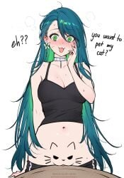 :3 :d black_pants blush body_writing breasts clitoral_hood clothes_pull colored_inner_hair commentary english_commentary english_text eyelashes female green_eyes hand_on_own_cheek hand_on_own_face hand_up highres large_breasts long_hair mole mole_on_arm mole_on_breast mole_on_thigh multicolored_hair navel nose_blush original paid_reward_available pants pants_pull patreon_username pussy qiandaiyiyu rin_(qiandaiyiyu) silver_choker simple_background smile solo standing two-tone_hair web_address white_background wide-eyed