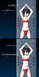 1girls arms_above_head bikini black_hair breasts corona_chan coronavirus covid-19_pandemic female interrogation navel red_eyes revealing_clothes tickle_torture tickling